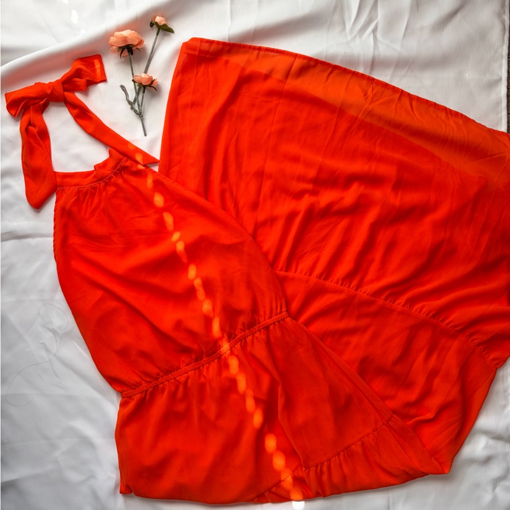 PrettyGarden Vibrant Orange Halter Maxi Dress Tiered Skirt Size Medium